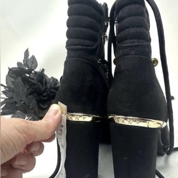 DKNY Black Leather Boots with Gold Accents, Womens Chunky High Heel Ankle Boots - Picture 9 of 12